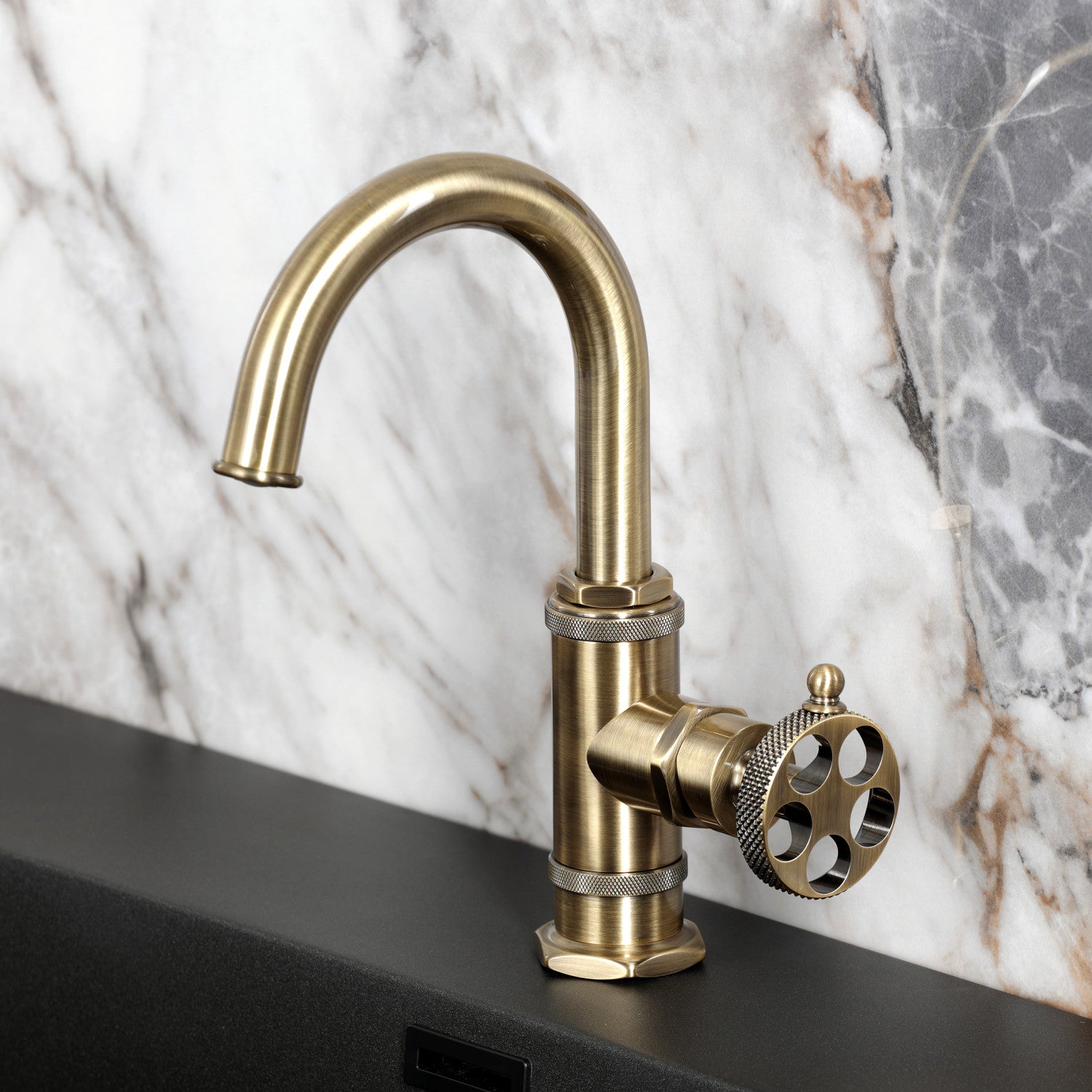 Kingston Sona KSD2213RKX - Webb One-Handle 1-Hole Bathroom Faucet with Knurled Handle, Deck Plate, and Push Pop-Up Drain, Antique Brass — thumbnail 2